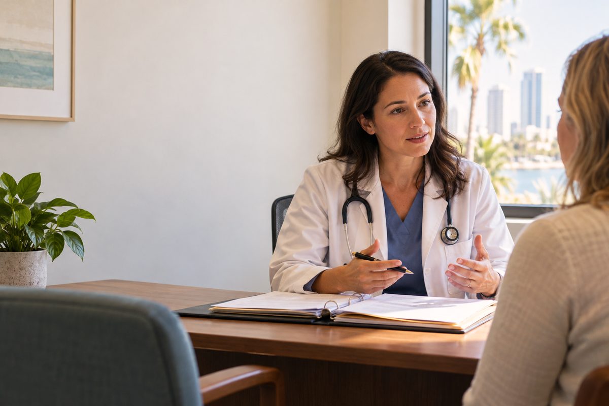 Physician consultation desk with medical chart binder and clinical notes in soft natural daylight.