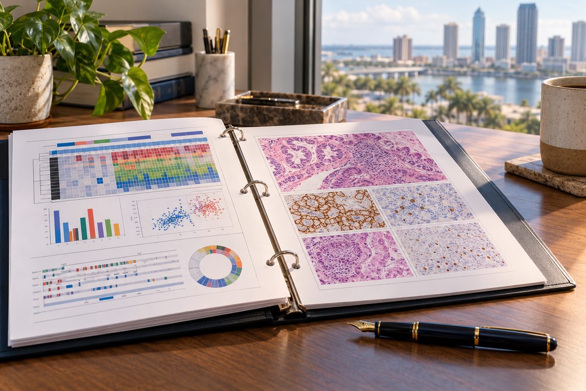 Clinical intake binder showing biomarker panels and histology summaries.